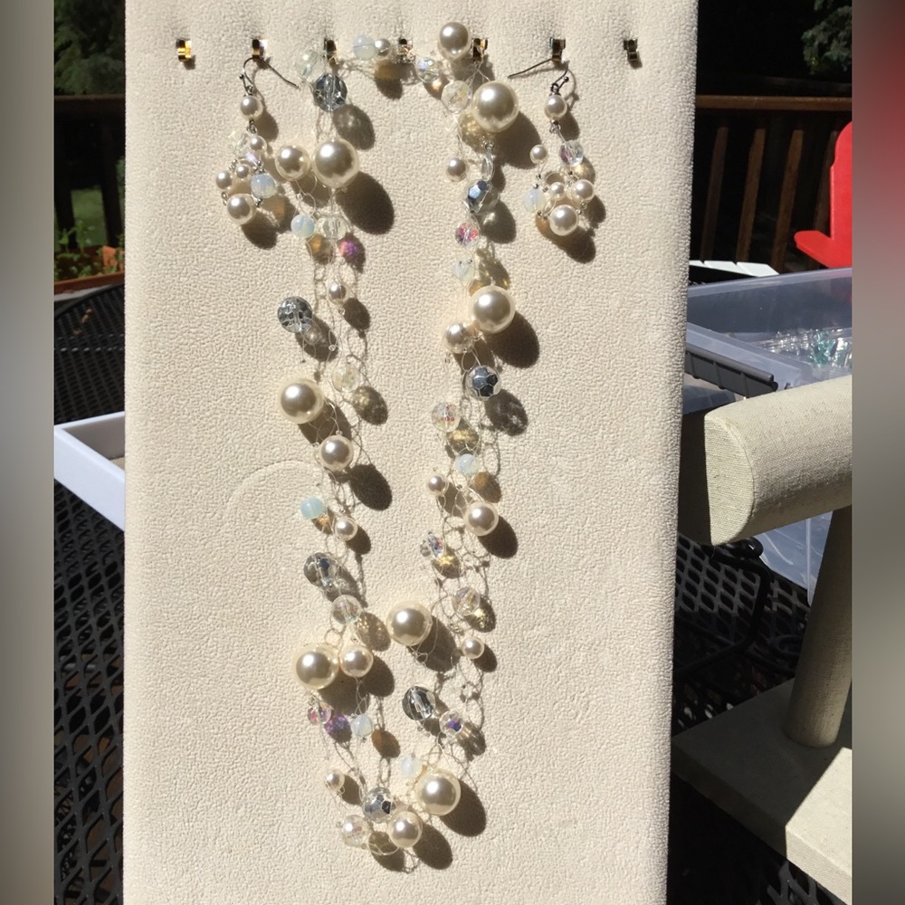 Cookie Lee Long Pearl & Crystal Necklace and Earrings Set.